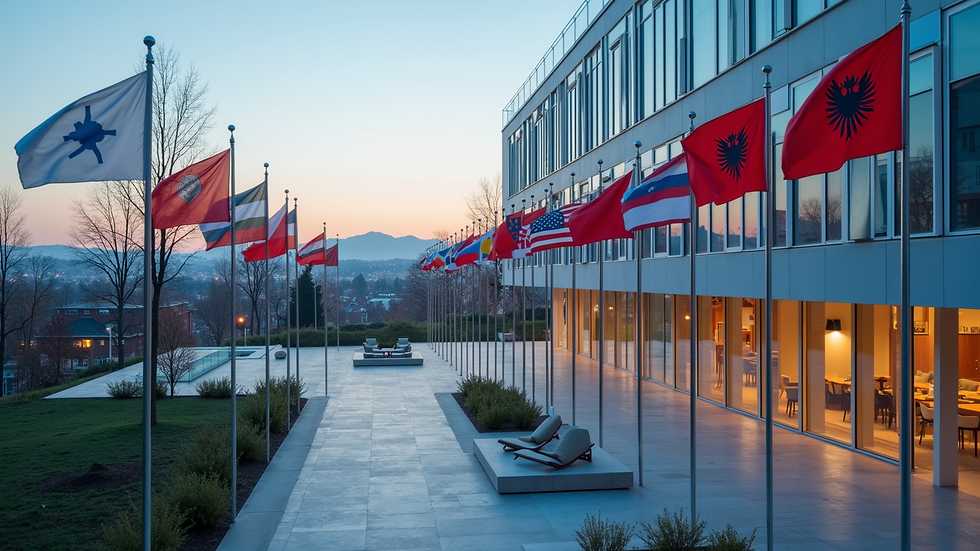 High angle view of international flags outside a conference center