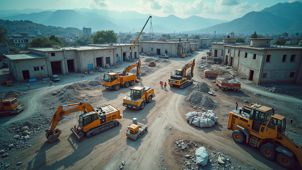 High angle view of a construction site with workers and machinery