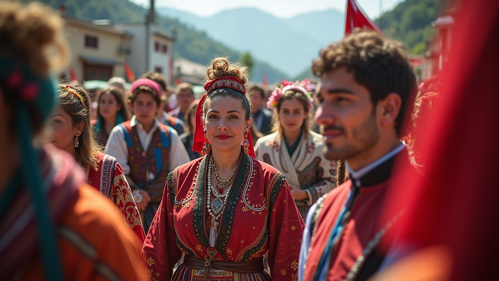 Eye-level view of a traditional Albanian festival with colorful costumes