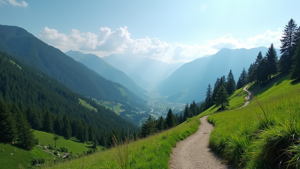 Wide angle view of mountainous landscape near Librazhdi with lush greenery