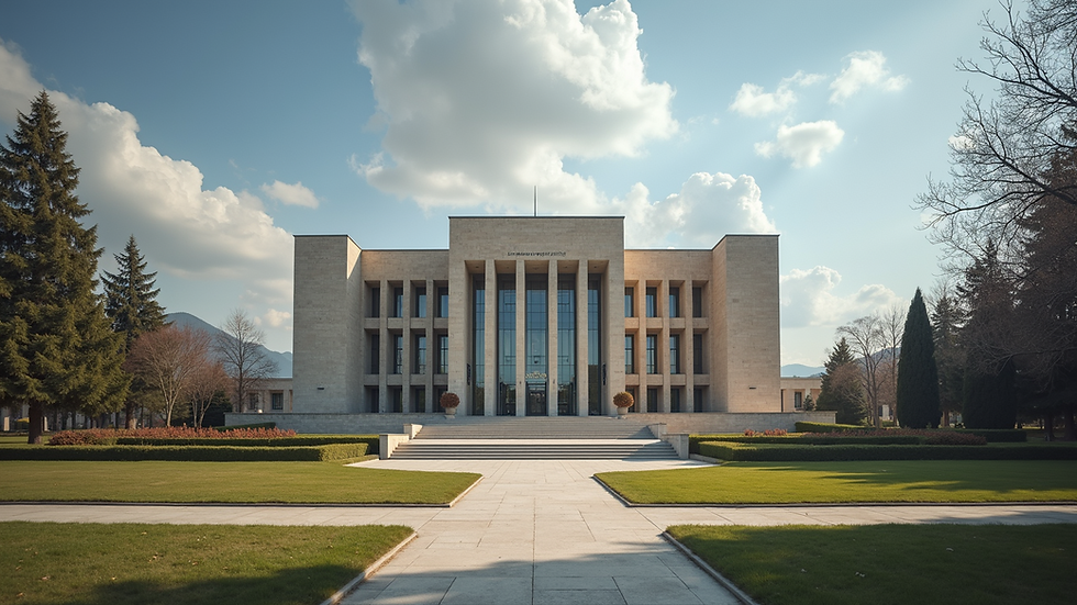Eye-level view of Kosovo parliament building exterior