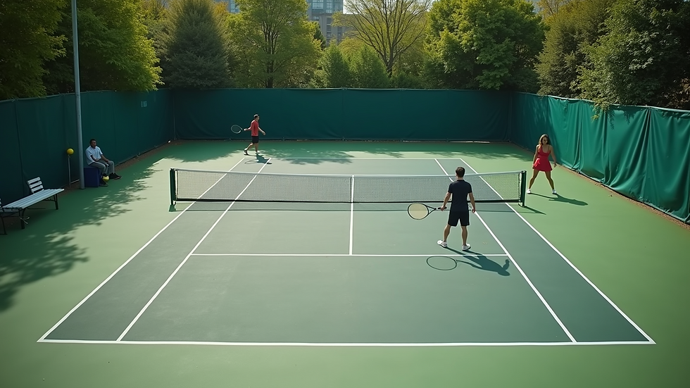 High angle view of a tennis court with players practicing