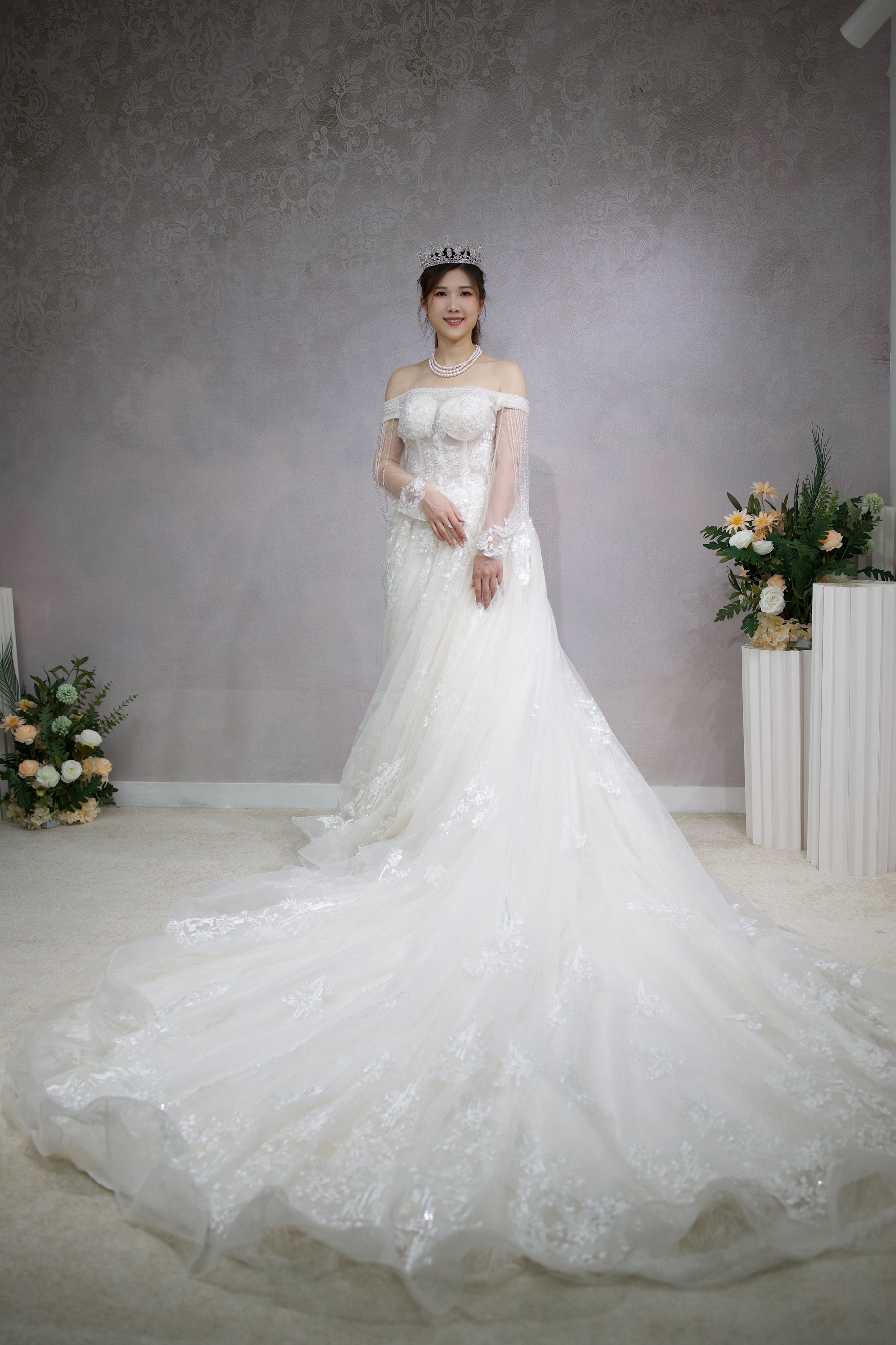 WD041 Long Sleeve One Shoulder Crystal Beaded Lace Wedding Dress