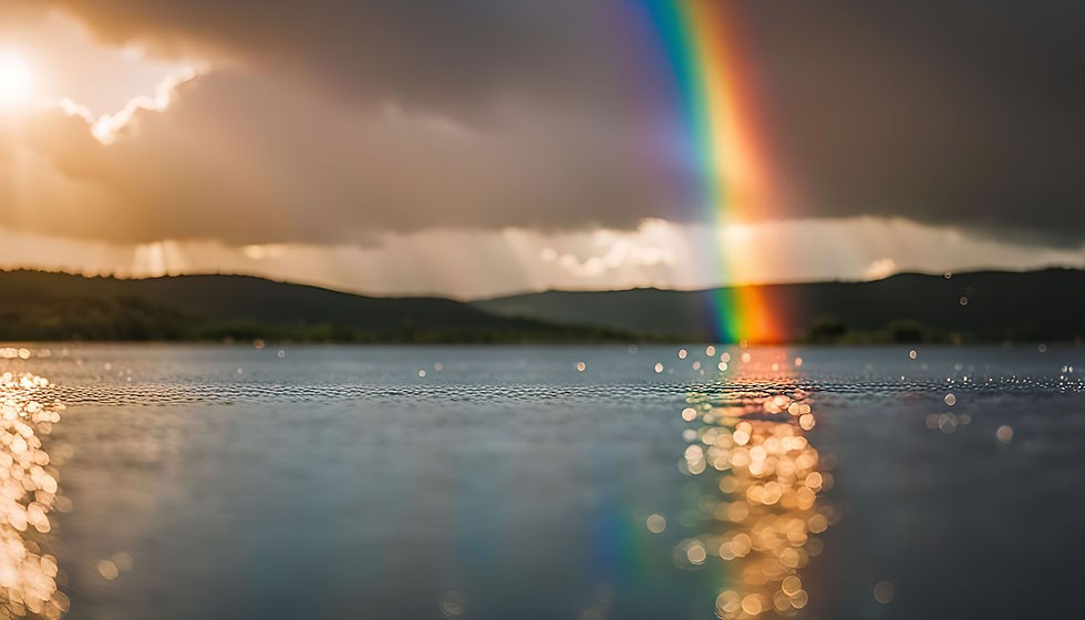 The vibrant rainbow reflection in the still waters shows that promise and renewal can be found beneath the surface.