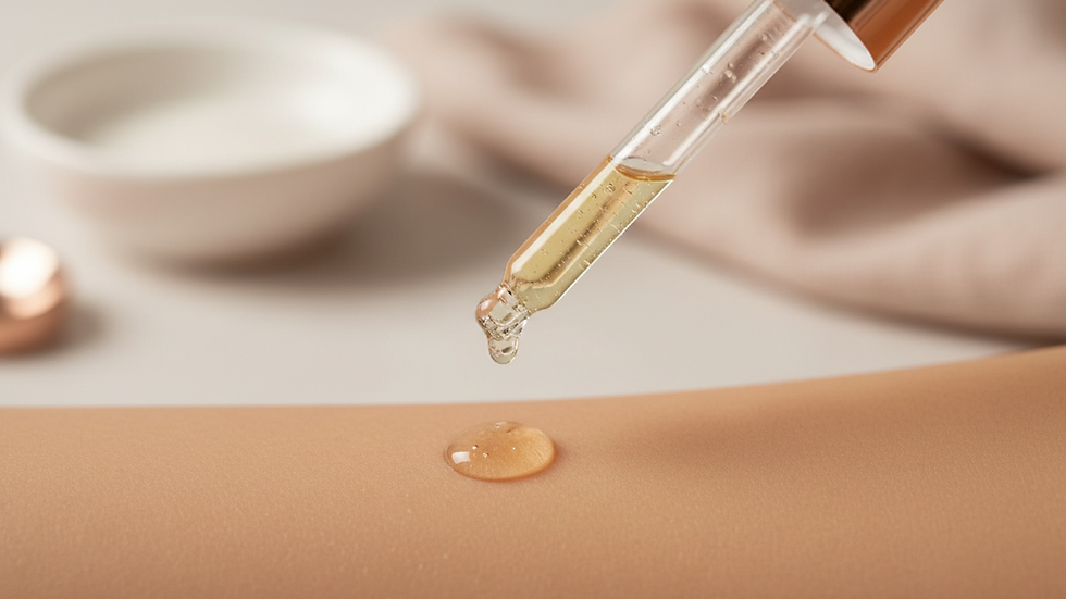 Close-up view of a glass dropper releasing serum onto a smooth skin surface