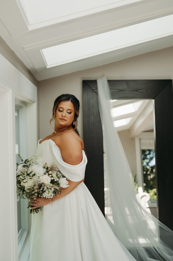 Bride, Kirsten Paige, strapless wedding dress, cathedral veil, white bridal bouquet, getting ready