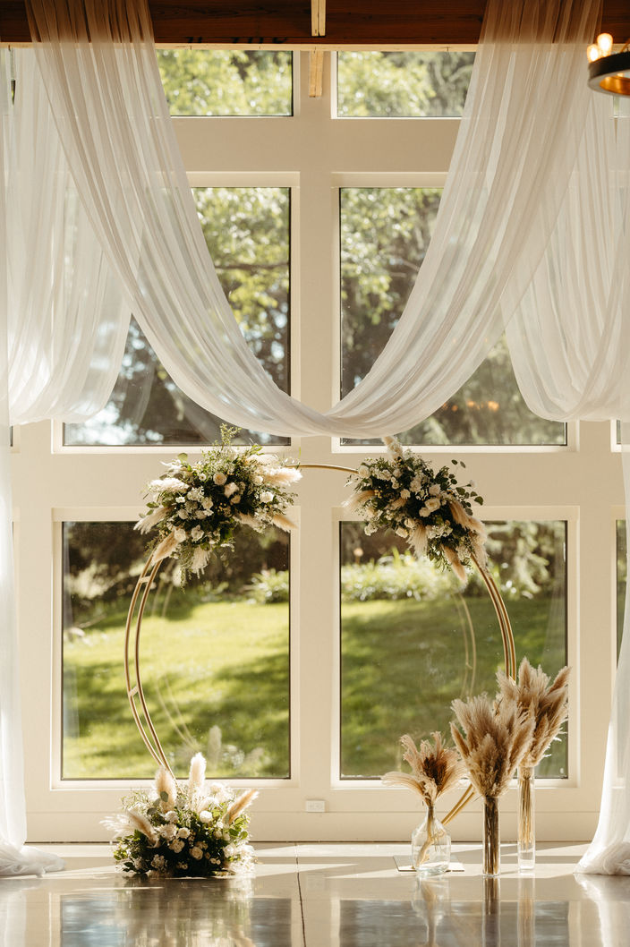 soft ethereal wedding ceremony decor, dry florals, circle alter