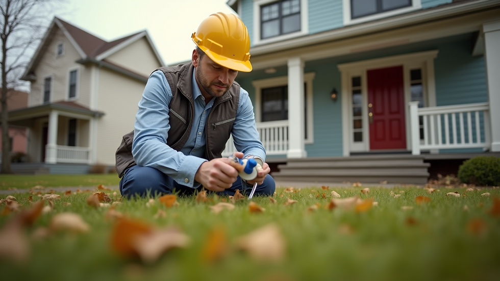 Eye-level view of a home inspector examining a house exterior