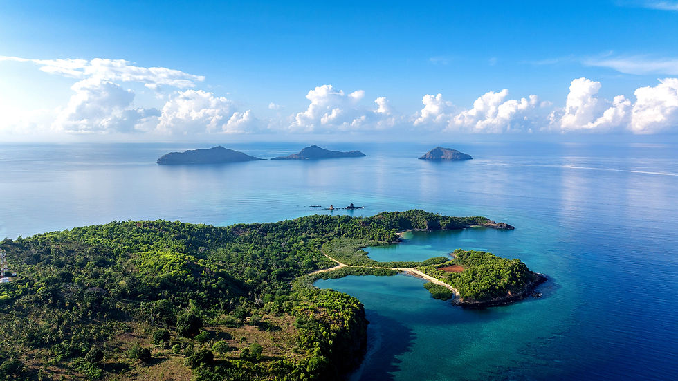 Vue aérienne d'une île côtière des Comores, mettant en valeur les eaux turquoise et la végétation luxuriante.