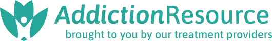 Teal logo with a stylized person in a lotus shape and text: "AddictionResource, brought to you by our treatment providers."