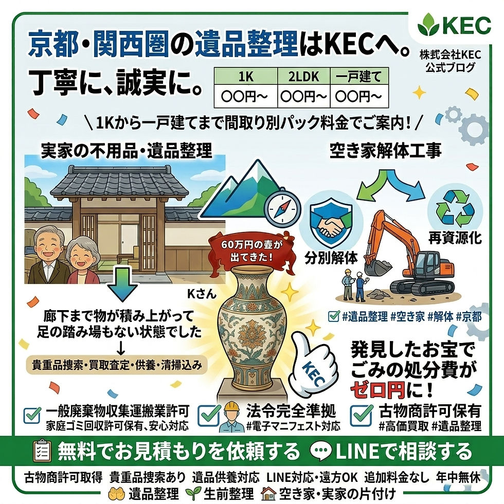 京都・関西の遺品整理は株式会社KECへ｜間取り別料金・貴重品捜索・買取査定・供養込み・見積り無料