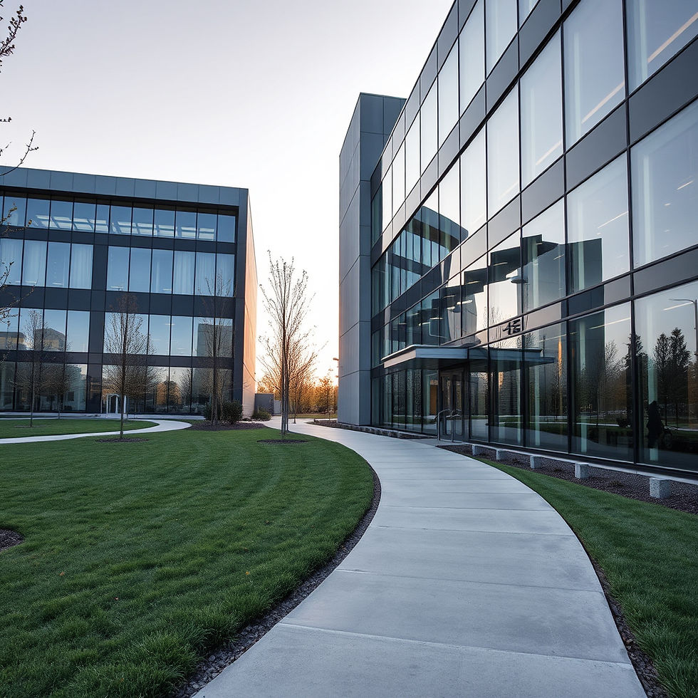 concrete walkway path to modern office building with legacy feel.jpg