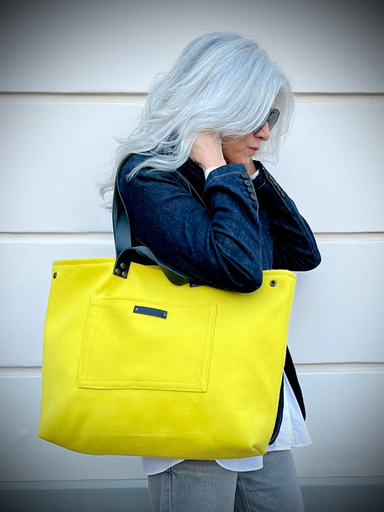 KATE - Sac cabas -Laine mélangée - Double anses en cuir - Citron