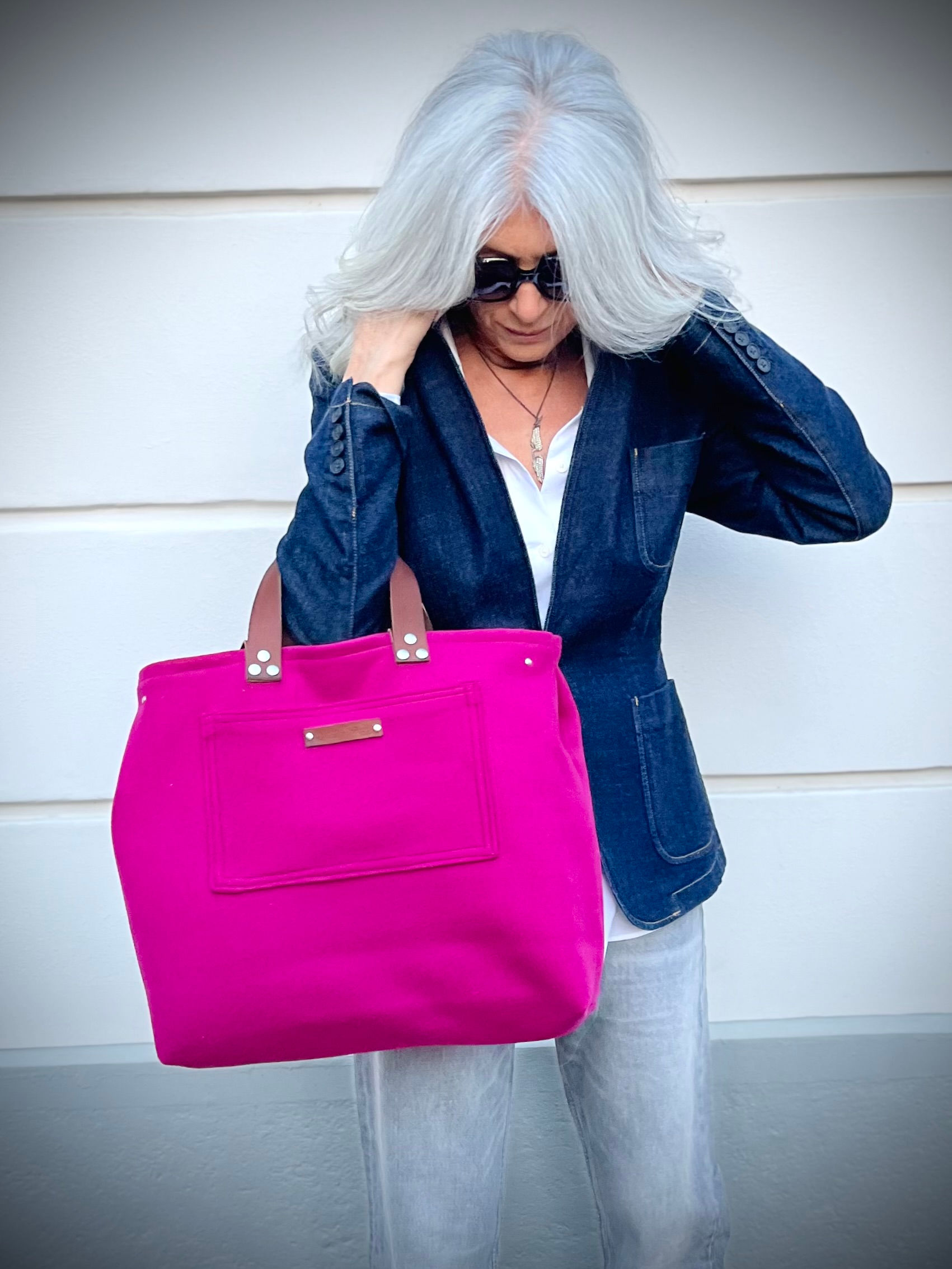 KATE - Sac cabas -Laine mélangée - Double anses en cuir - Rose vif