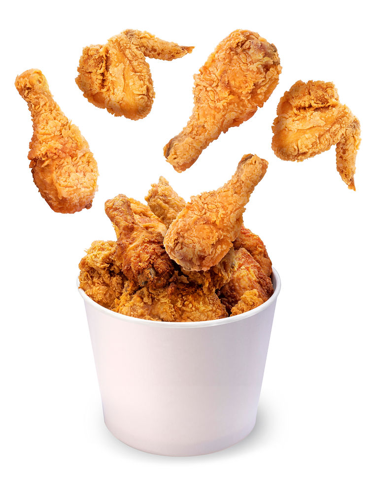 Fried chicken flying out of paper bucket isolated on white background, Fried chicken on wh