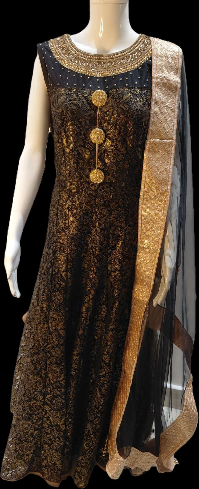 Thumbnail: ✨ Black & Gold Brocade Anarkali Suit with Net Dupatta ✨