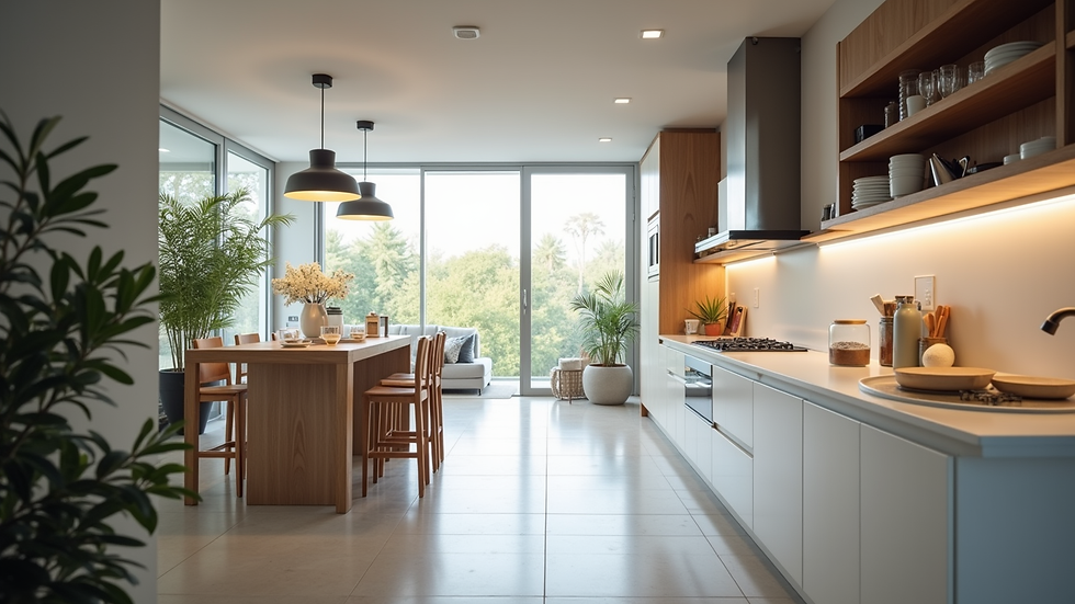 High angle view of a modern kitchen with bright lighting