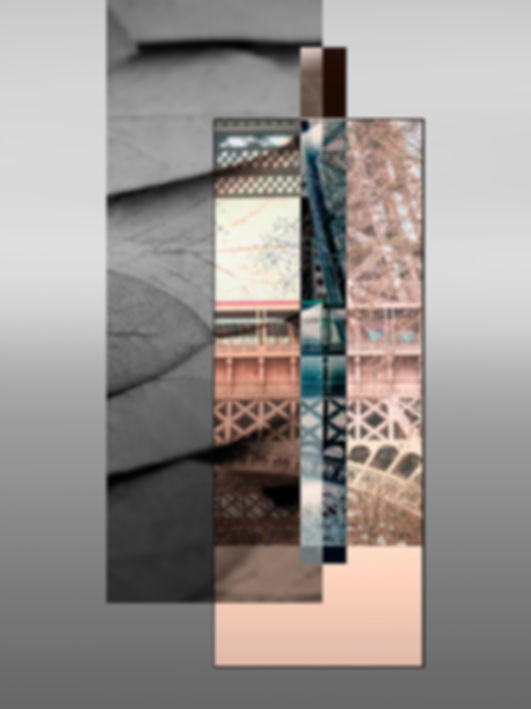 Colagem abstrata da Torre Eiffel com tons cinzentos e sépia.