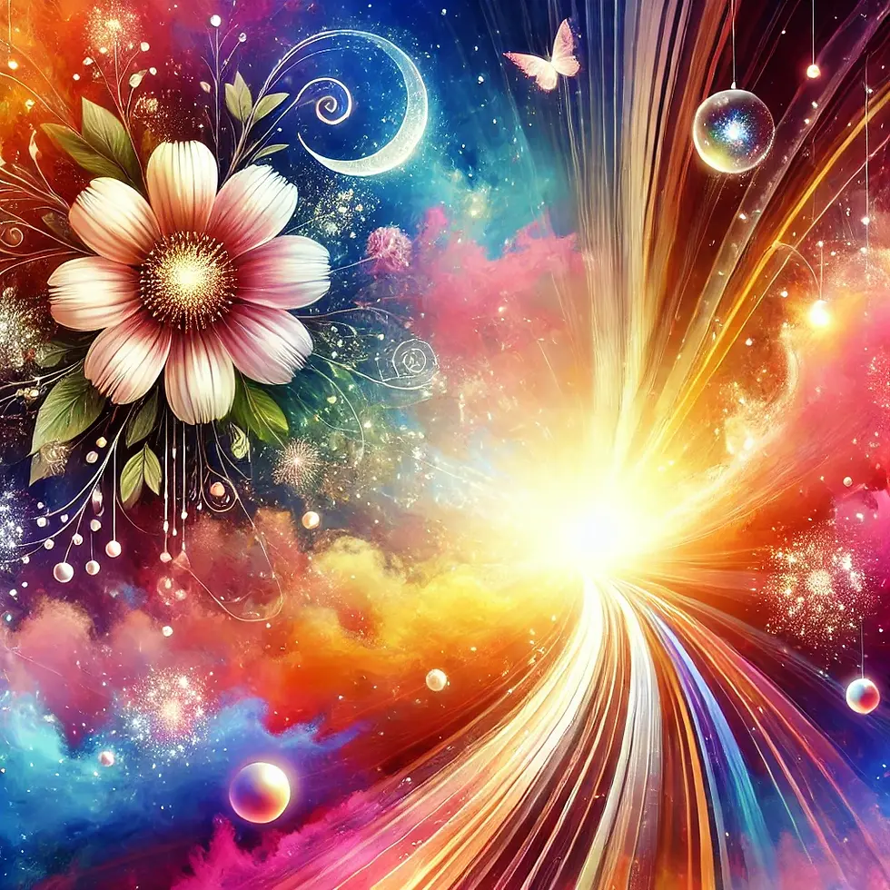 Colourful abstract composition with a flower and a butterfly, symbolizing the beauty of creativity and the endless possibilities of imagination.