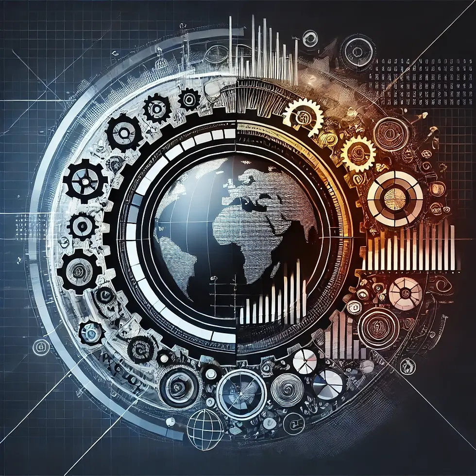 Abstract graphic representing the private sector, featuring gears, global maps, and growth indicators, symbolizing innovation, adaptability, strategic thinking, and global awareness, with no text or letters included.