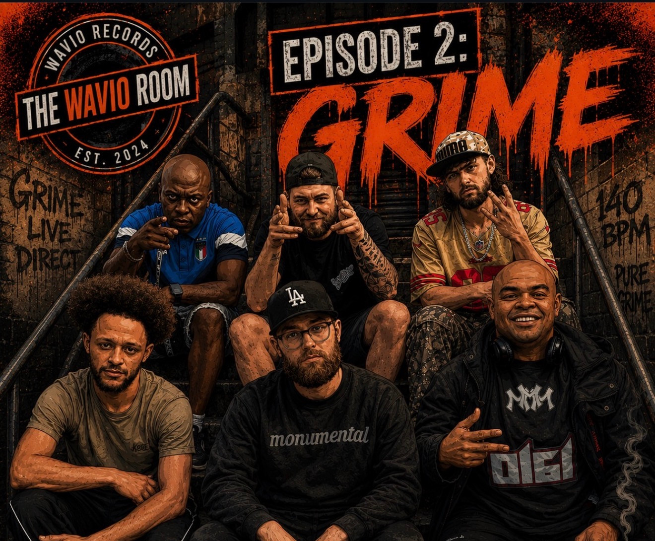 Six men pose on a gritty stairway poster for Wavio Room Episode 2, with large orange GRIME text and a dark hip-hop vibe.