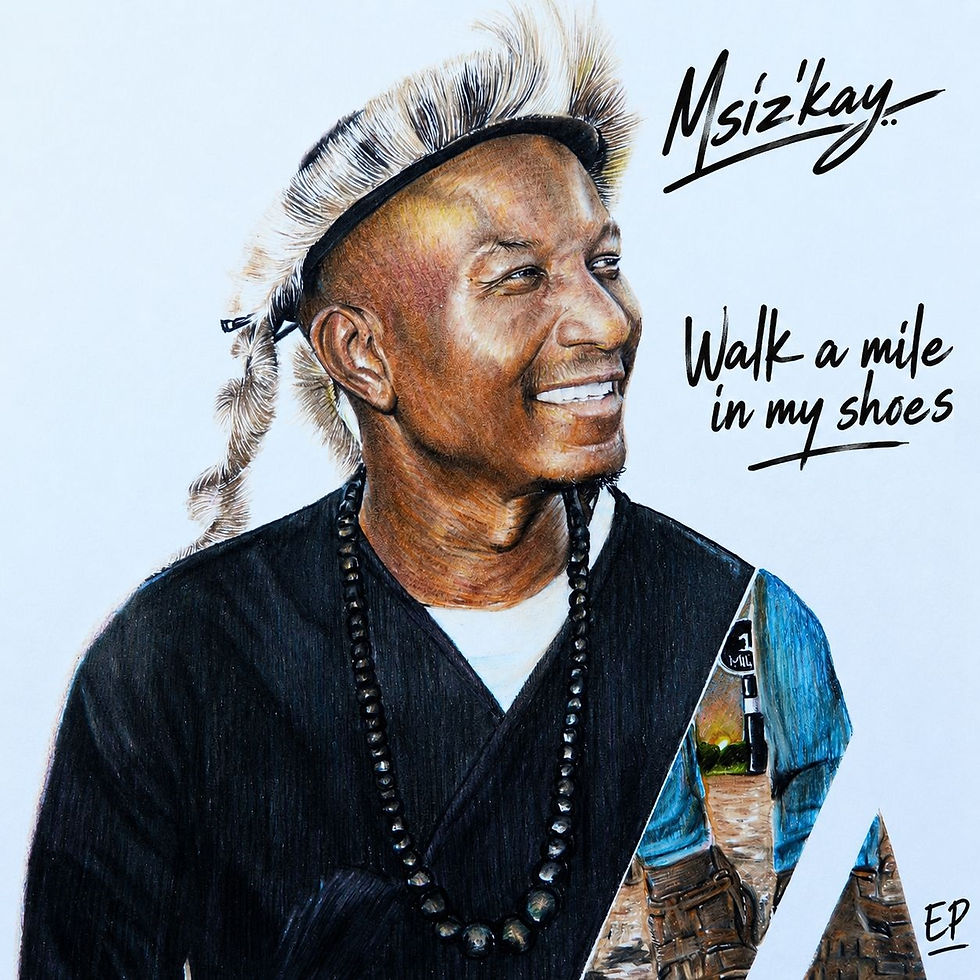 Portrait of a smiling man in a feathered headband and beaded necklace, with text Msizkay and Walk a mile in my shoes.