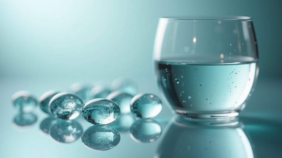 Nahaufnahme von L-Arginin Kapseln neben einem Glas Wasser