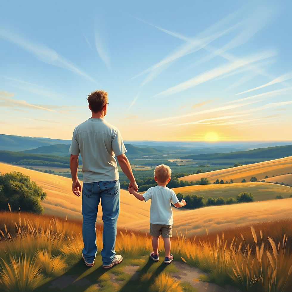 A father and son hold hands as they look out over a happy valley.