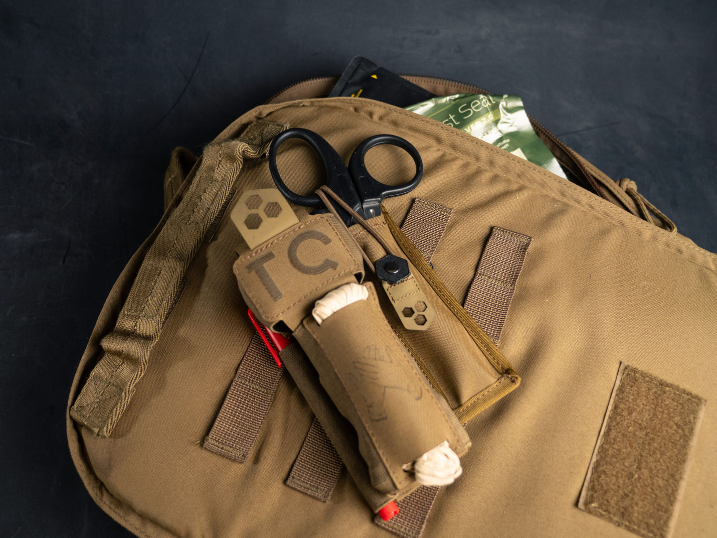 Tactical medical scissor holder mounted on medic bag