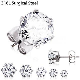 Thumbnail: Pair of 316L Surgical Steel Clear Round CZ Stud Earrings
