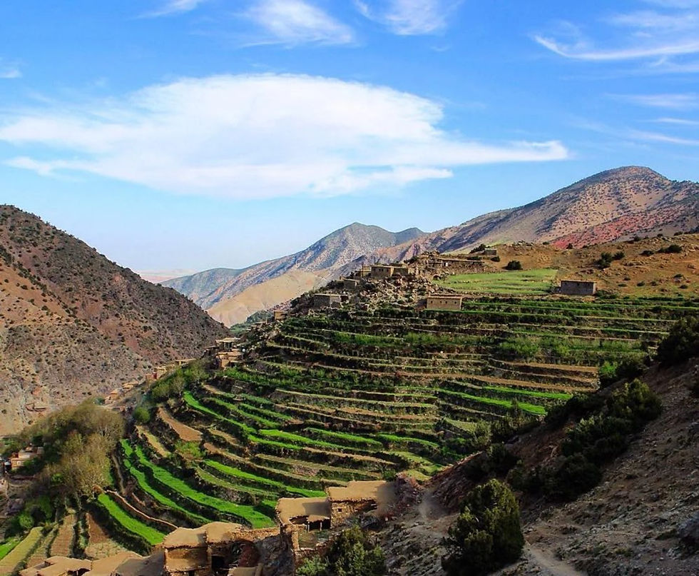 Tizi Oussem Amazigh village surrounded by agricultural terraces in Morocco