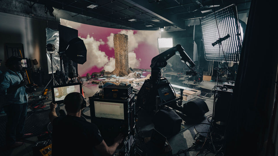 Film crew works with virtual background