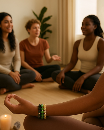 Group of people sitting in a circle during a crystal healing workshop or spiritual gathering.