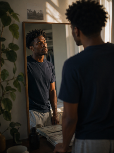 Man bekijkt zijn spiegelbeeld, symbool voor identiteit en zelfbeeld