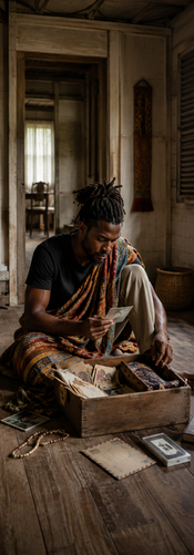 Jonge Afro-Surinaamse man onderzoekt oude familiefoto's en cultureel erfgoed in een traditioneel houten huis tijdens een moment van reflectie over zijn afkomst en identiteit.