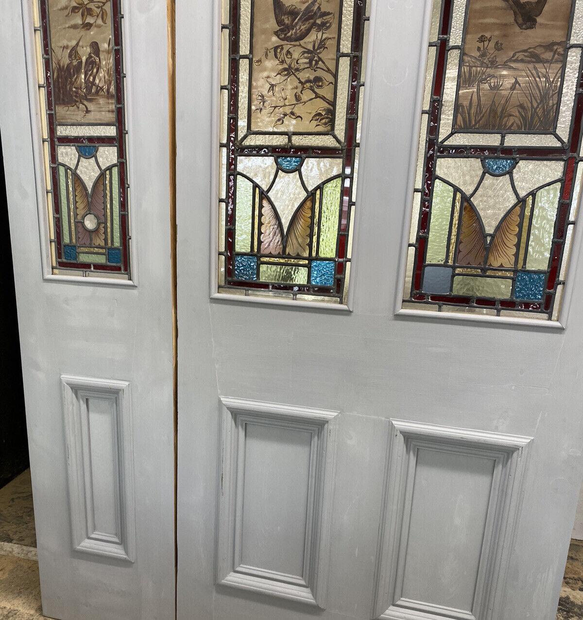VICTORIAN HAND PAINTED STAINED GLASS FRONT DOOR SIDE PANEL RESTORED ANTIQUE RARE