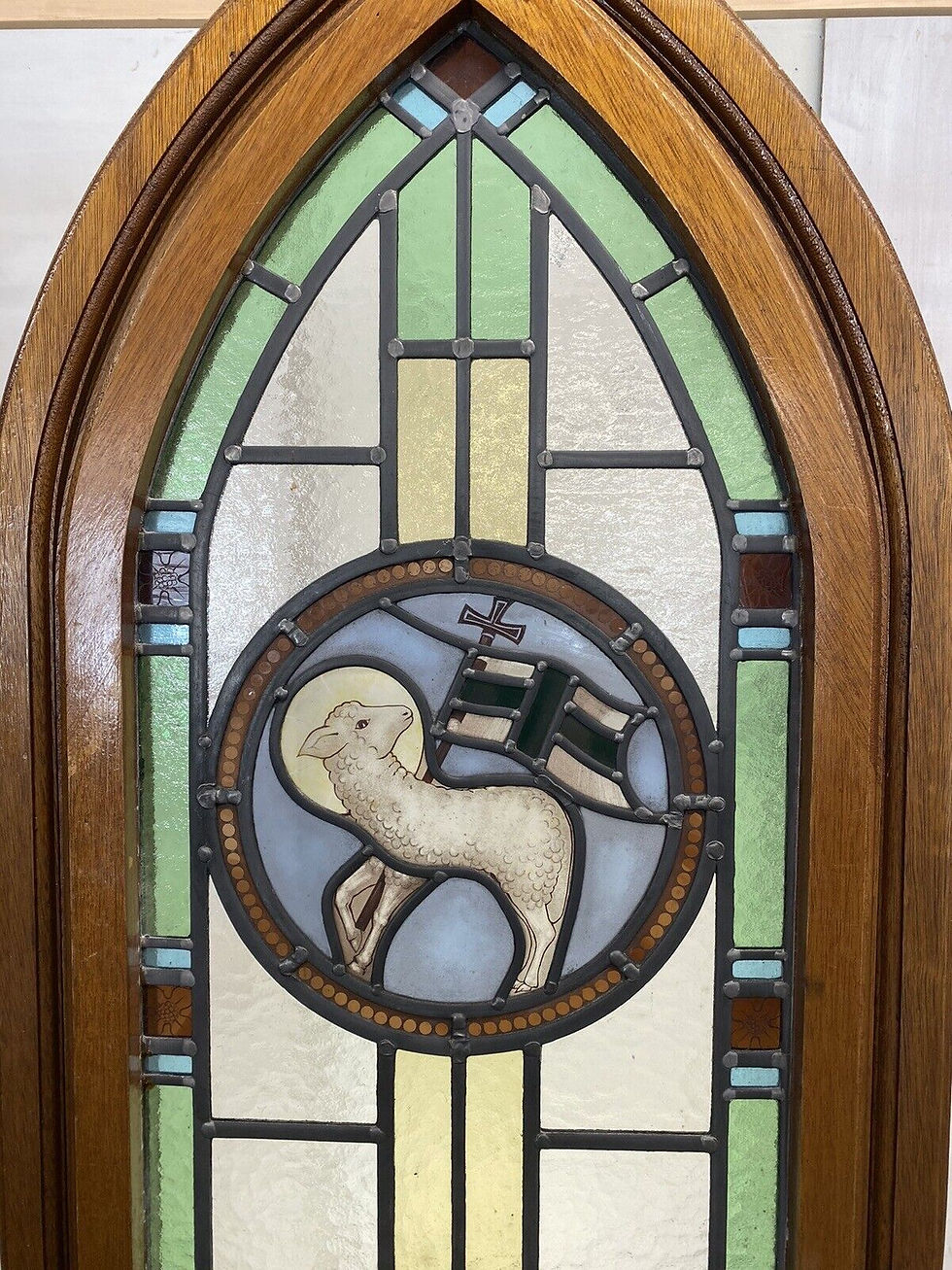 Thumbnail: EXQUISITE STAINED GLASS HAND PAINTED WINDOW PANEL OLD RESTORED ARCHED TEAK OPENS