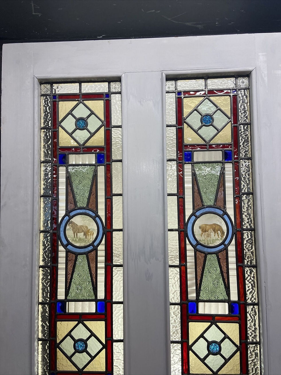 Thumbnail: LARGE VICTORIAN FRONT DOOR PERIOD STAINED GLASS OLD RECLAIMED ANTIQUE WOOD LEAD