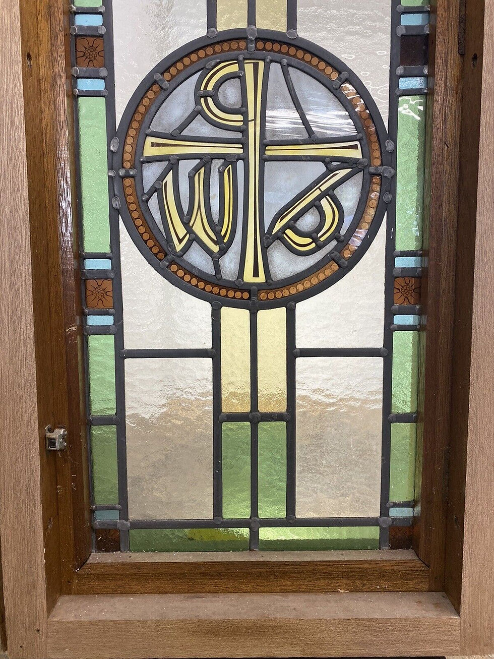 Thumbnail: EXQUISITE STAINED GLASS HAND PAINTED WINDOW PANEL OLD RESTORED ARCHED TEAK OPENS