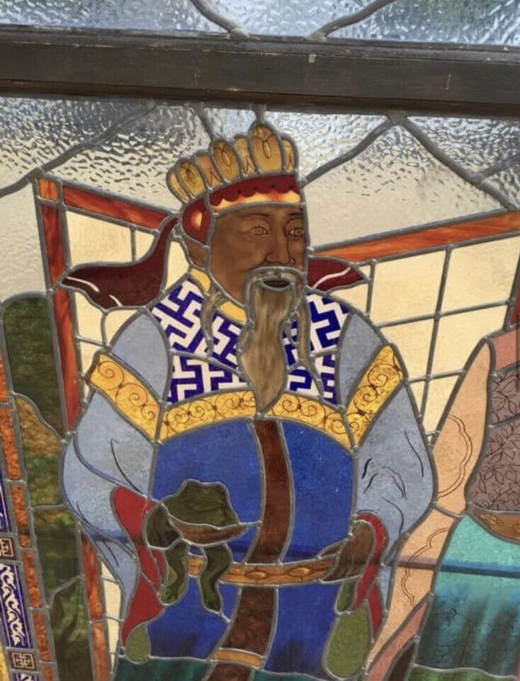 Thumbnail: HUGE ORIENTAL HAND PAINTED STAINED GLASS WINDOW PANEL RECLAIMED PERIOD ANTIQUE