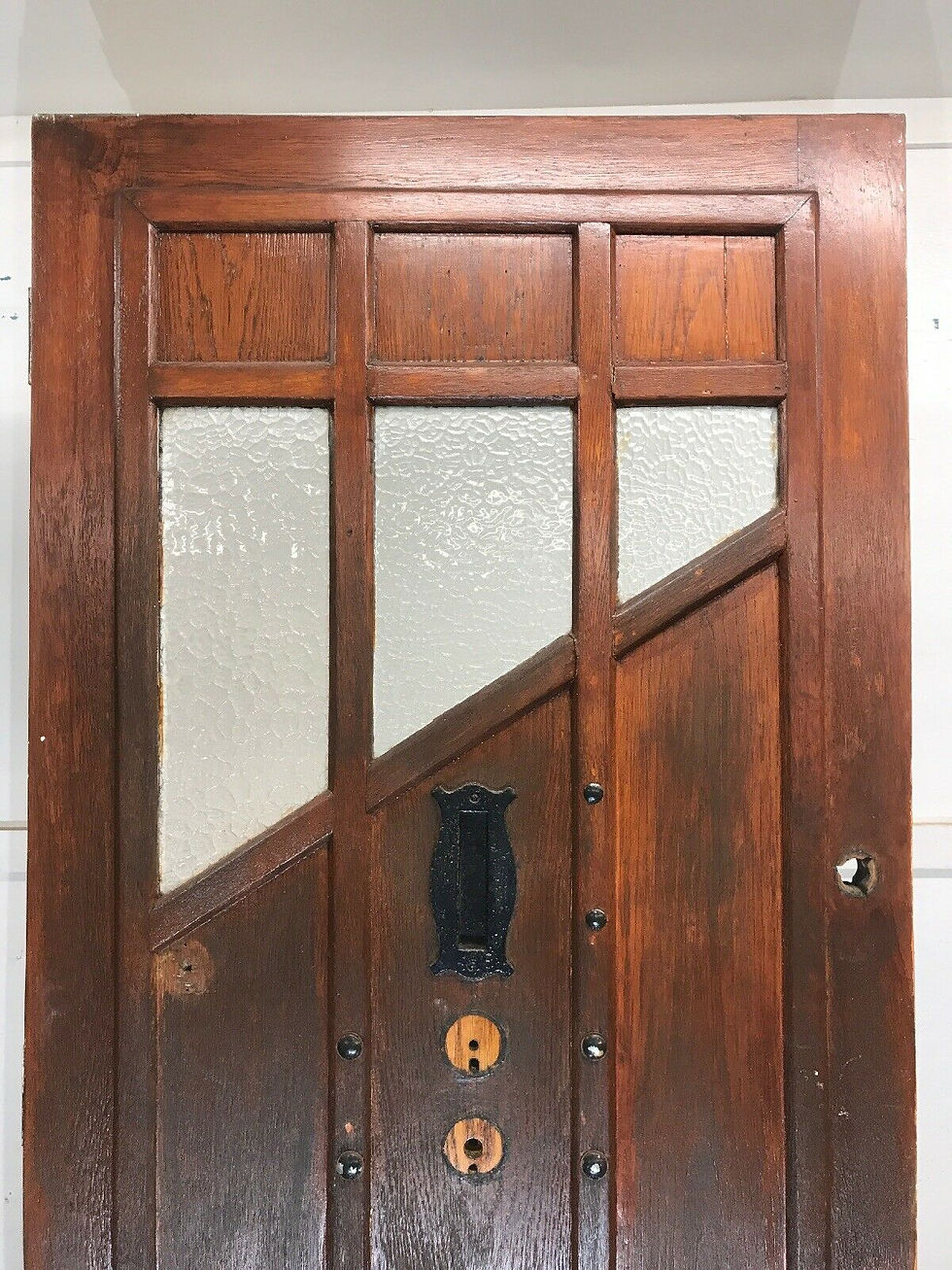 Thumbnail: LARGE SOLID OAK FRONT DOOR GLAZED WOOD OLD PERIOD ANTIQUE 20s 30s ART DECO IRON