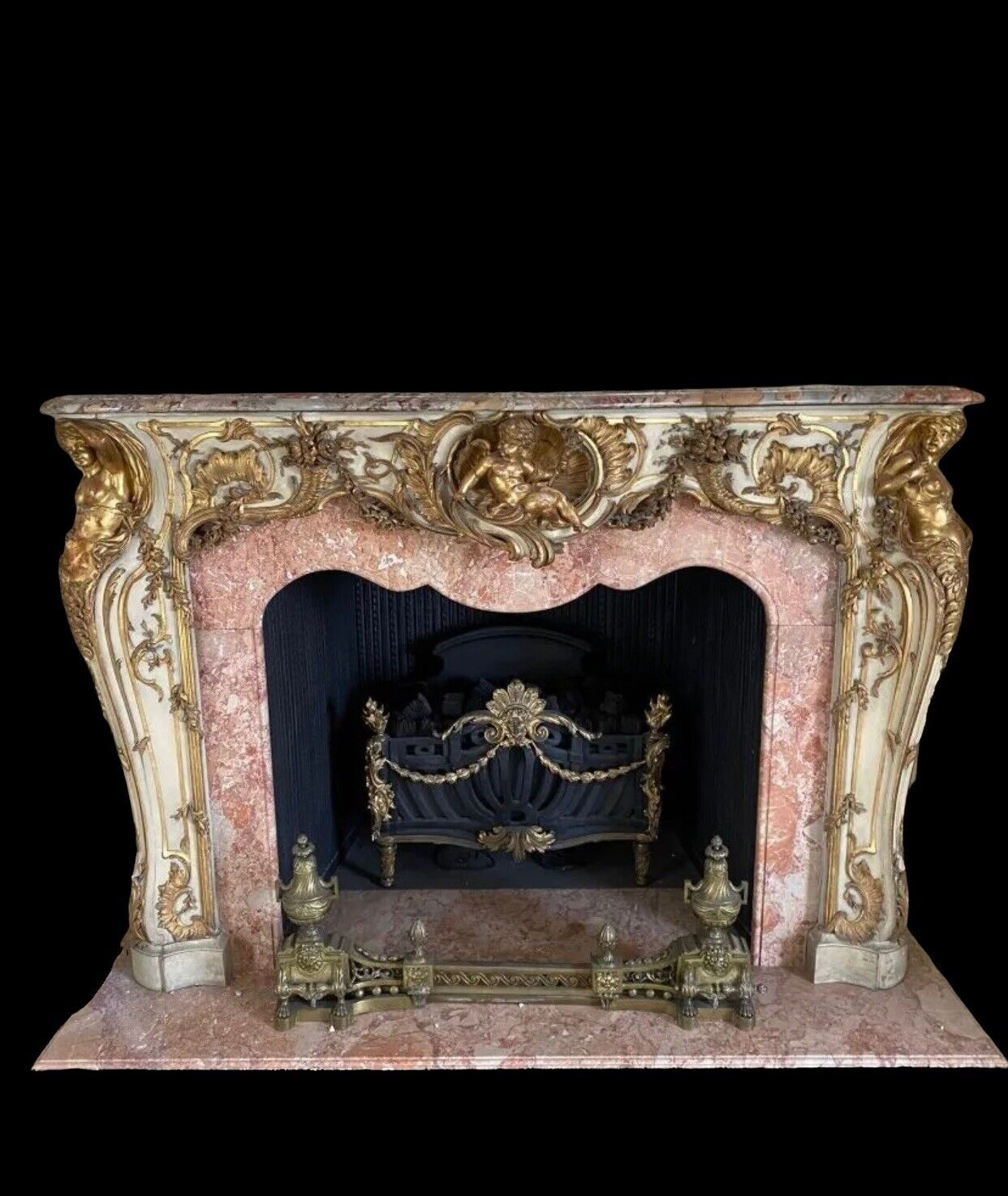 RARE MARBLE & GILT WOOD ANTIQUE FIRE SURROUND FIREPLACE RECLAIMED ROYAL PROV