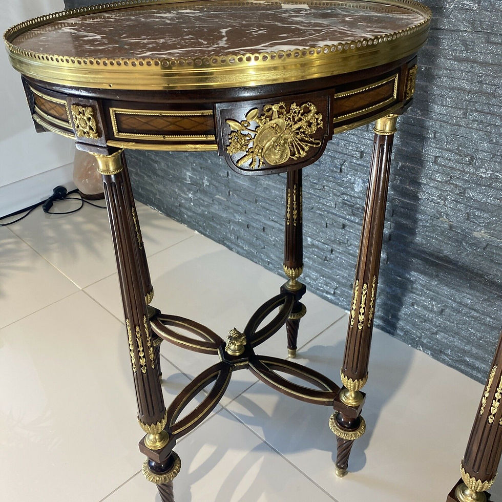 Thumbnail: 2 French Louis XV Style Ormolu-Mounted and Marquetry Gueridon Side Table Marble