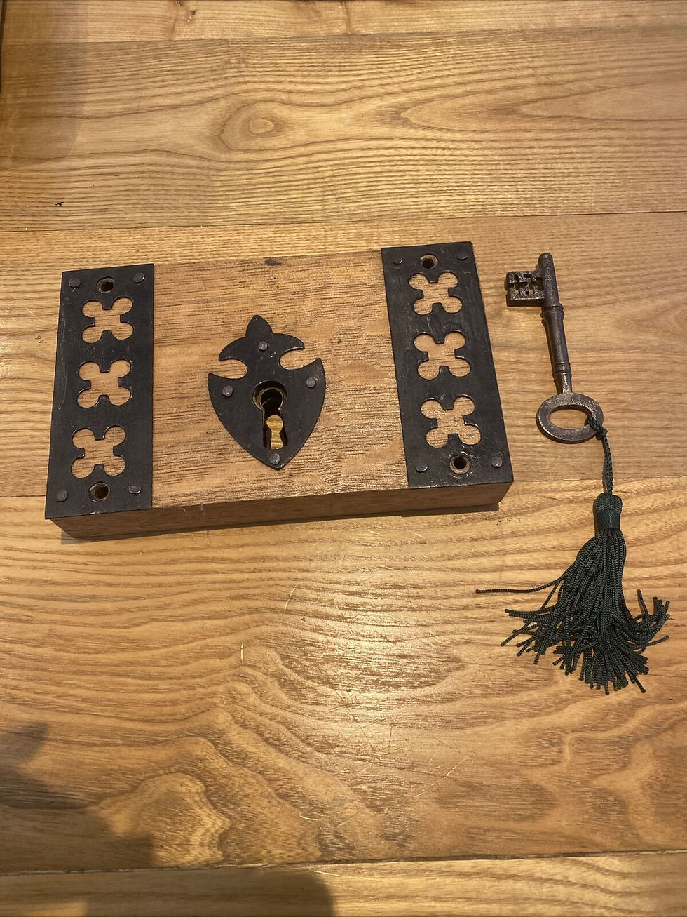 Thumbnail: LARGE GOTHIC REVIVAL ANTIQUE RIM LOCK KEY RECLAIMED PERIOD OAK IRON REFURBISHED