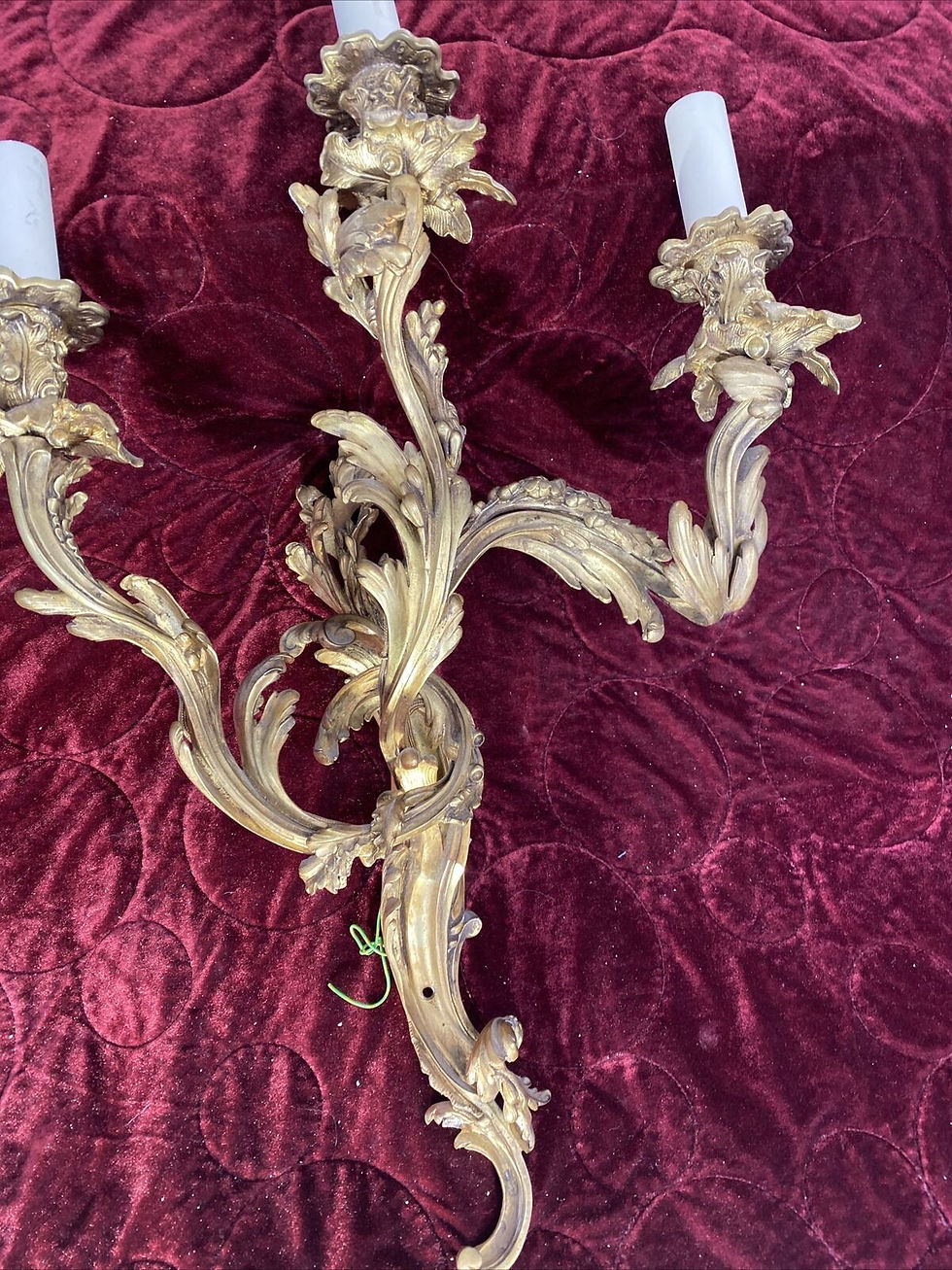 Thumbnail: SET 2 LARGE ANTIQUE GOLD GILT BRASS WALL SCONCES LIGHTS LOUIS XV 19th CENTURY
