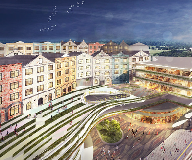 Yung Green Harbor, a modern architectural complex with colorful buildings and green spaces. Exemplifying social and Philippine architecture, the structures have curved designs and multiple floors. A road runs along the bottom of the image, with trees artfully surrounding this urban development.