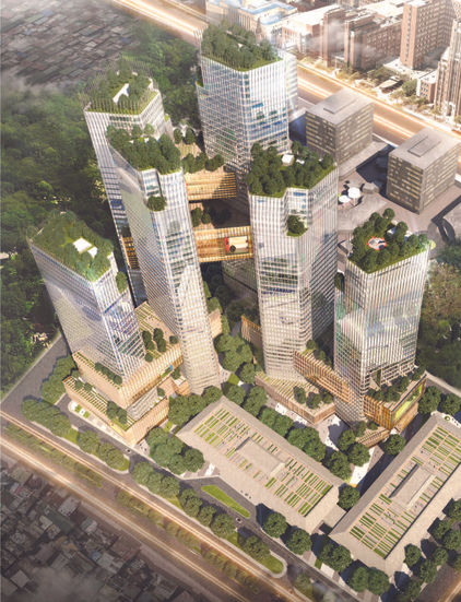 The East Grid in Quezon City envisions a mixed-use development with a focus on sustainability and community. This aerial view showcases the project's architectural vision, featuring multiple interconnected towers with green roofs, open spaces, and pedestrian-friendly pathways. The design reflects a contemporary interpretation of Philippine architectural principles, emphasizing a connection to nature and creating a sustainable and vibrant urban community.