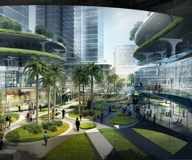 A vibrant vision for urban renewal: Balintawak Cloverleaf, a mixed-use development in Quezon City by WTA Design Studio. This image showcases the project's pedestrian-friendly public spaces, featuring lush greenery, landscaped pathways, and a vibrant community atmosphere. The design draws inspiration from traditional Filipino plazas, creating a modern and sustainable urban hub.