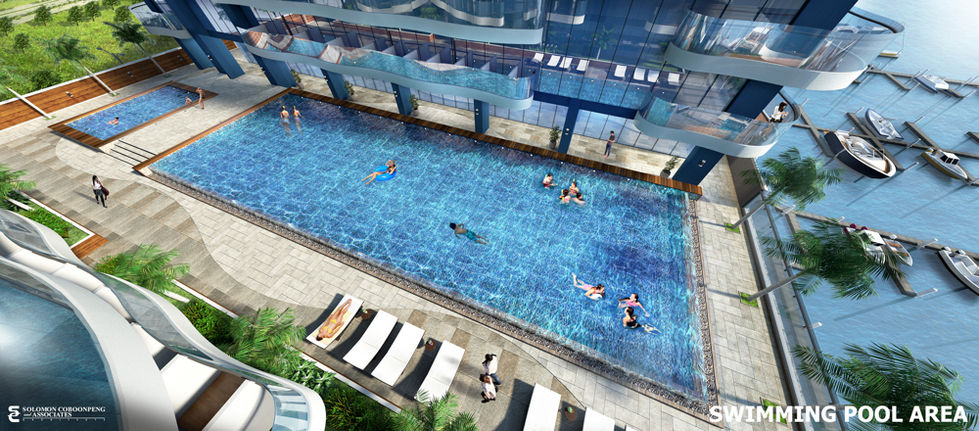Grand Titanic in Paranaque City offers a resort-style living experience. This image showcases the project's inviting swimming pool area, perfect for relaxation and recreation. The design reflects a contemporary interpretation of Philippine architectural principles, emphasizing a connection to water and creating a refreshing oasis for residents.