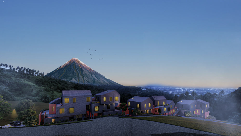 Highlands Condo Residences in Legazpi City offer breathtaking views of Mount Mayon. This image showcases the project's unique architectural design, featuring a cluster of interconnected buildings nestled amidst lush greenery with panoramic views of the iconic volcano. The design reflects a contemporary interpretation of Philippine vernacular architecture, creating a living experience that celebrates the natural beauty of the region.